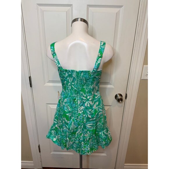 Lilly Pulitzer Green Blue White Floral Swan Monkey Print Dress W/ Shorts, Size 2 - Picture 4 of 5